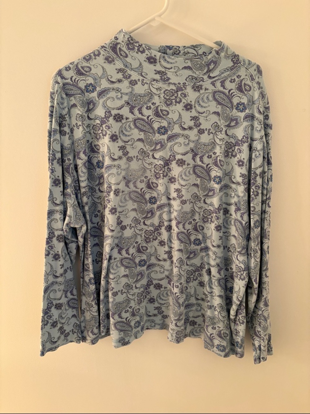Basic Editions Light Blue Paisley Long Sleeve Mock Neck Top